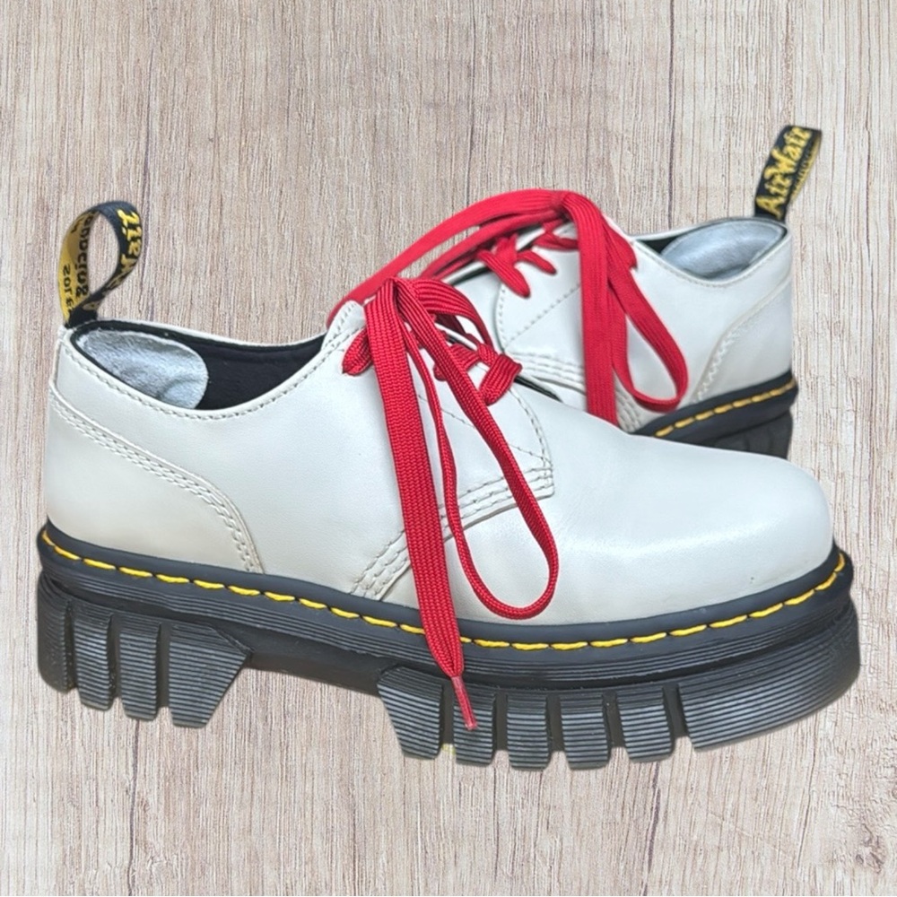 Dr. Martens Audrick 3-Eye Leather Platform Shoes Cobblestone Grey Red Laces US 7